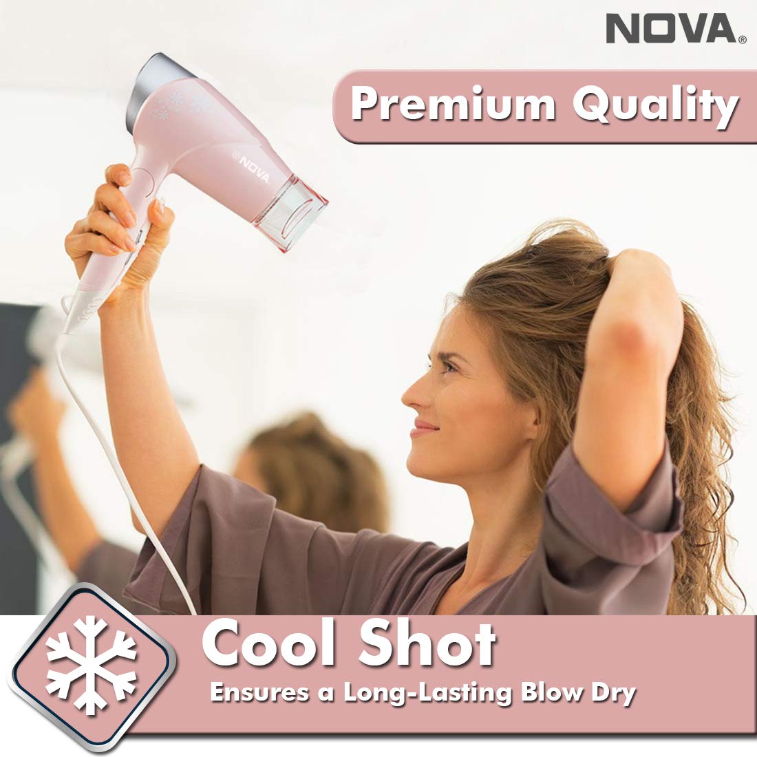 Nova NHP 1290 Premium 1000 Watts Hot and Cold Foldable Hair Dryer for Women (Pink)
