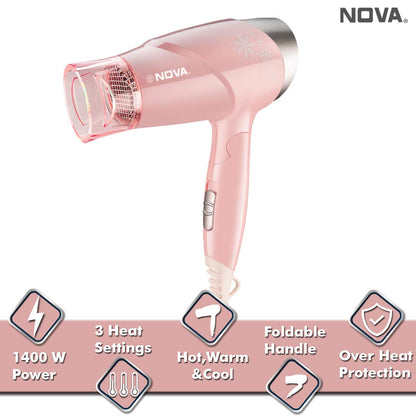 Nova NHP 1290 Premium 1000 Watts Hot and Cold Foldable Hair Dryer for Women (Pink)