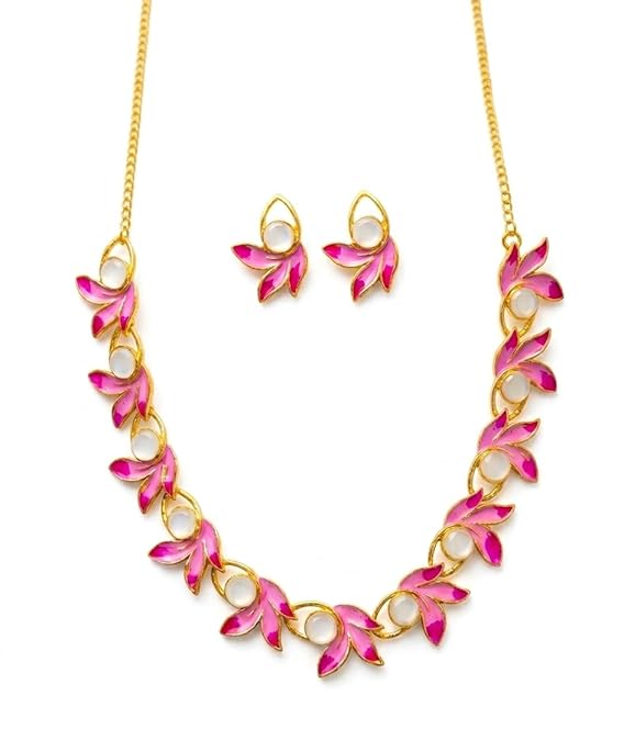 Modern Pink Flower Minakari Necklace Set,