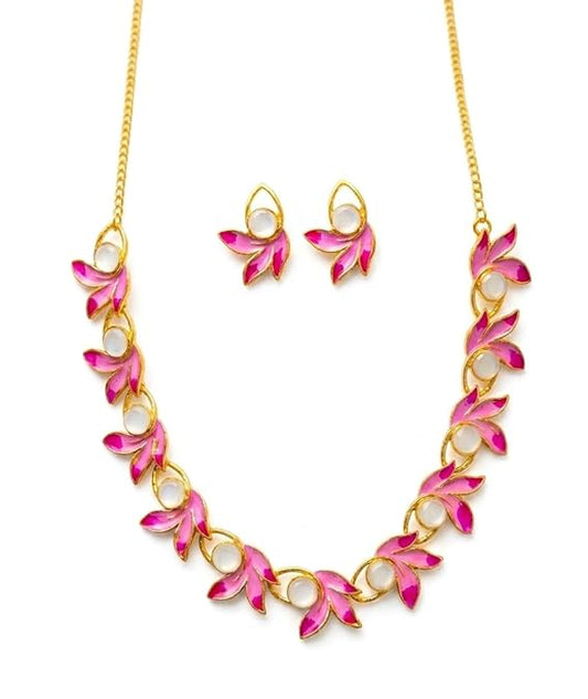 Modern Pink Flower Minakari Necklace Set,