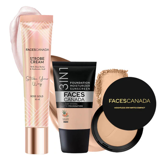 All Day Glam Combo - Mini Rose Gold Strobe Cream + Compact Natural + Hydra Matte Foundation (Mini) - (18ml)